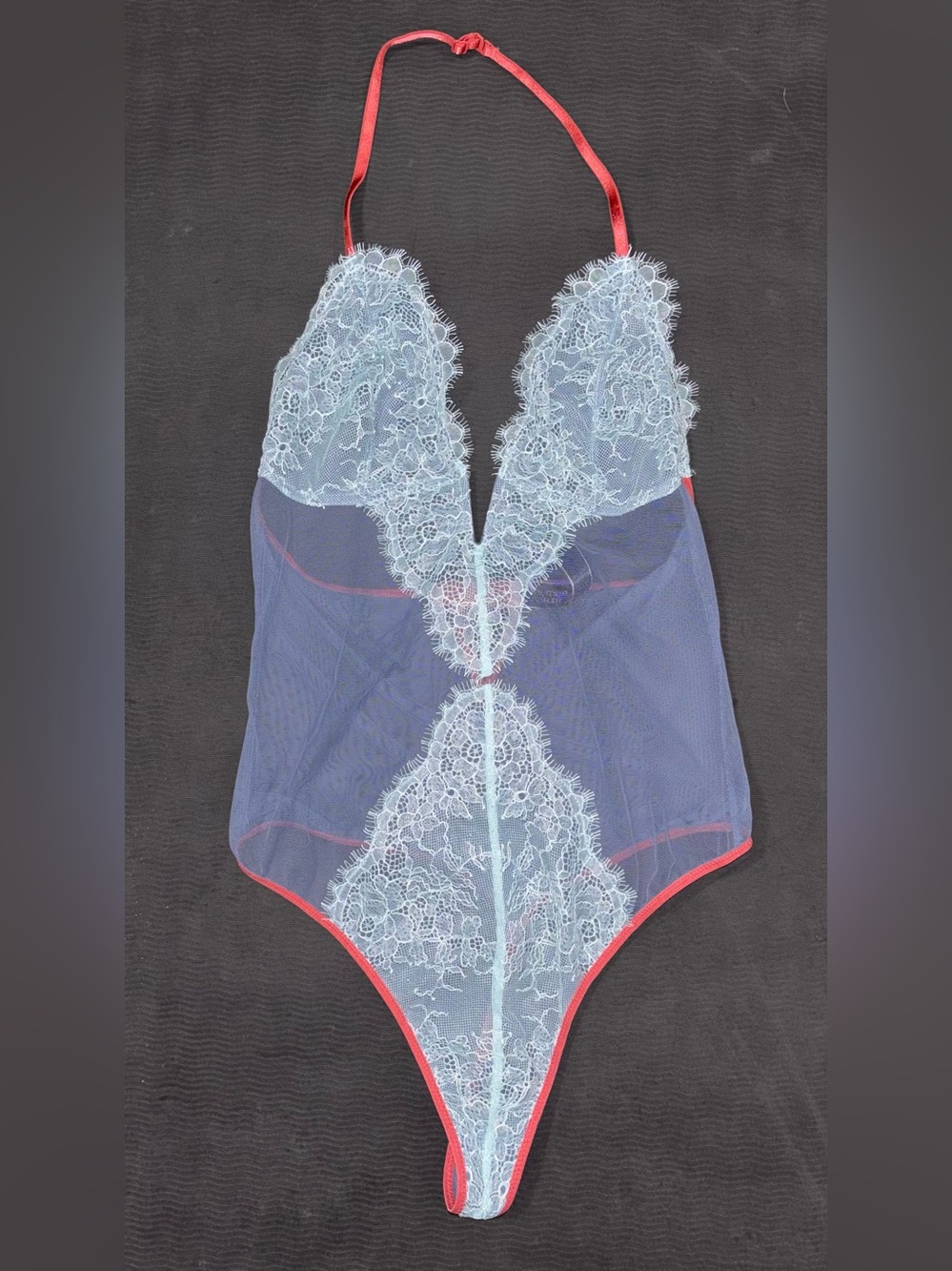 Victoria secret Sheer Lace Plunge Bodysuit - Light Blue with Coral Trim